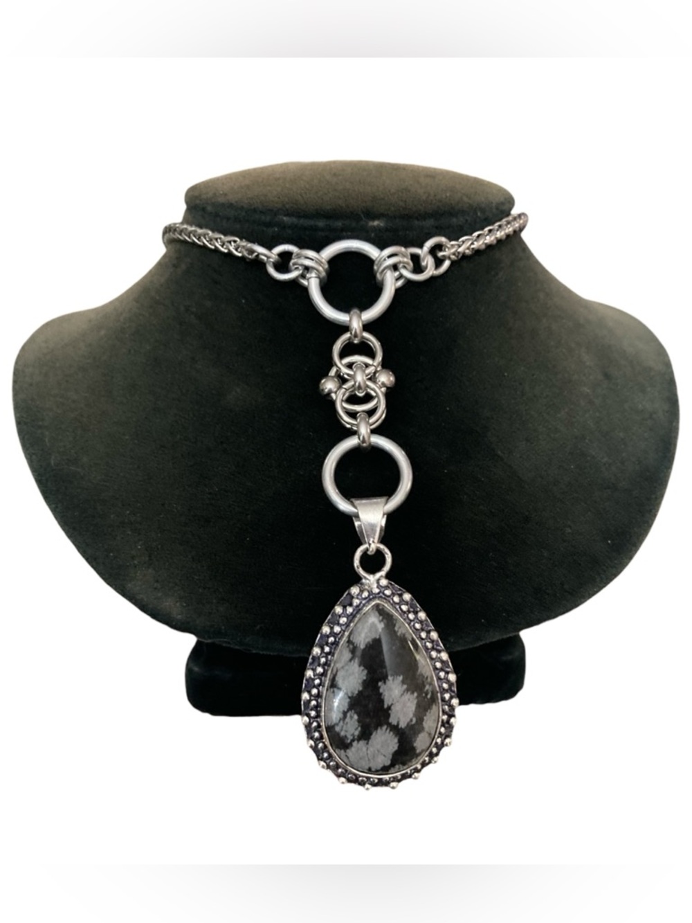 snowflake obsidian charm steel maille celtic knot lariat Y shape necklace.